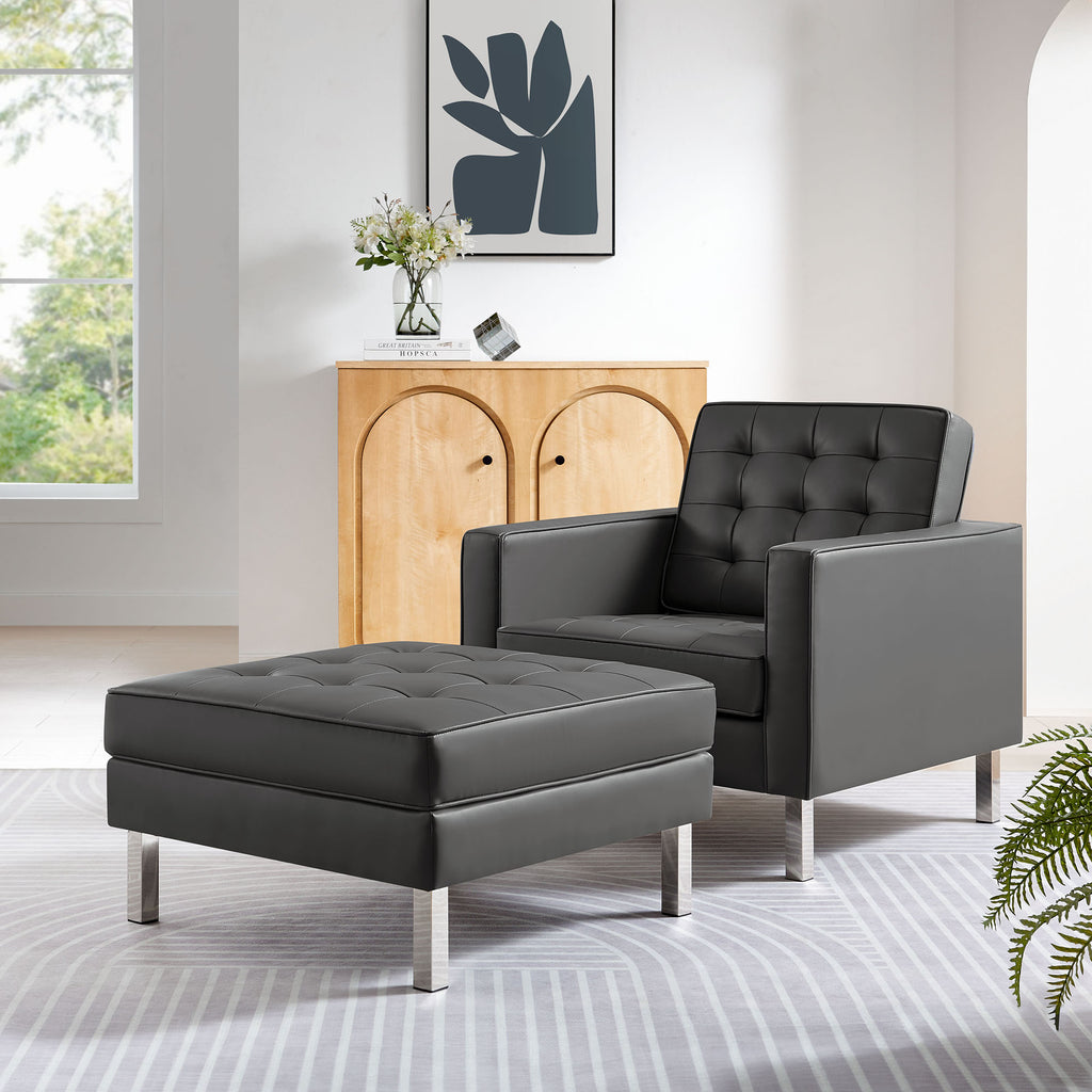 Loft Tufted Vegan Leather Armchair and Ottoman Set - Silver Gray