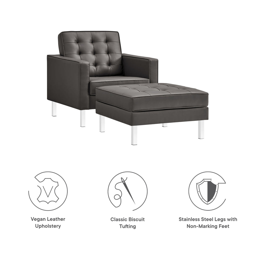 Loft Tufted Vegan Leather Armchair and Ottoman Set - Silver Gray
