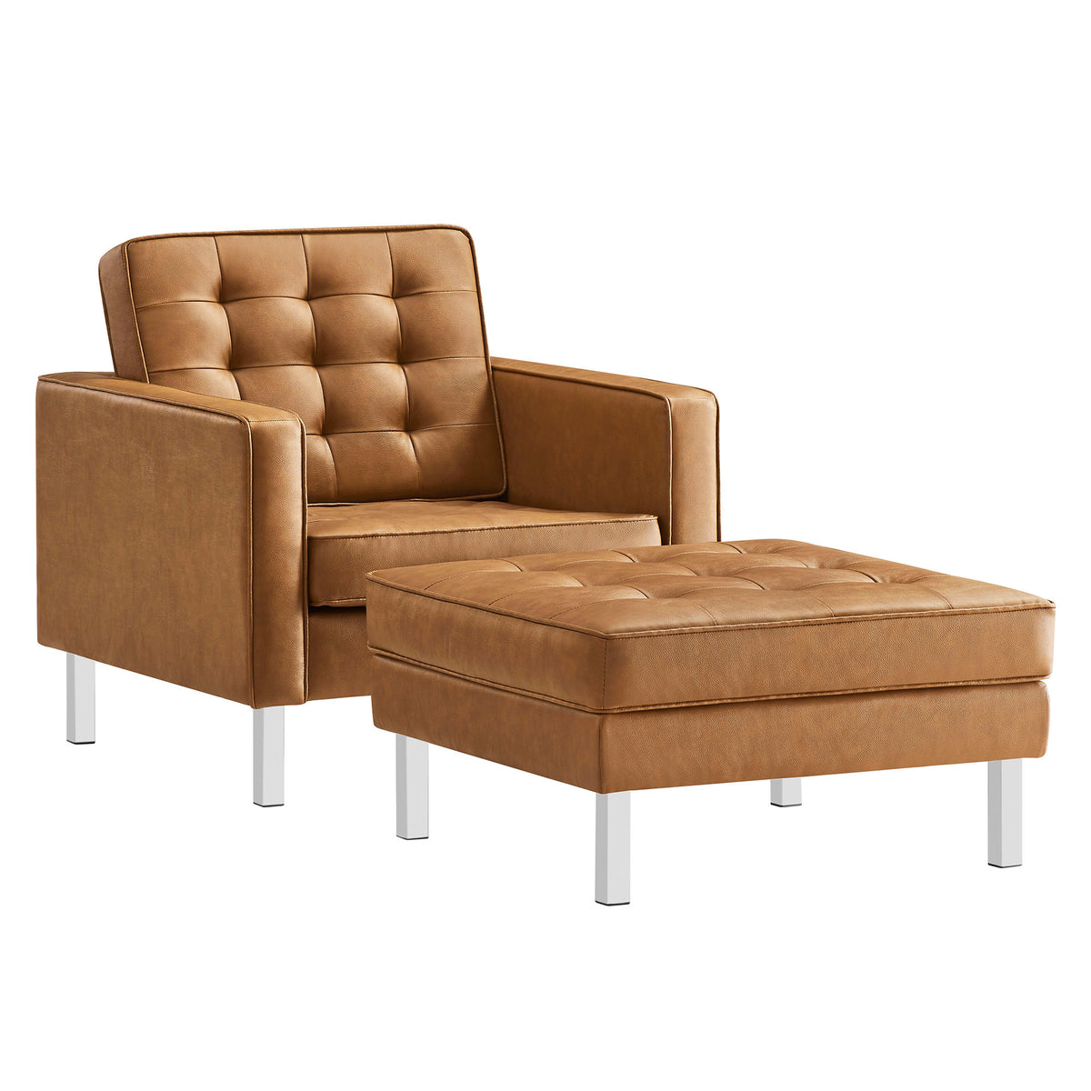 Loft Tufted Vegan Leather Armchair and Ottoman Set - Silver Tan