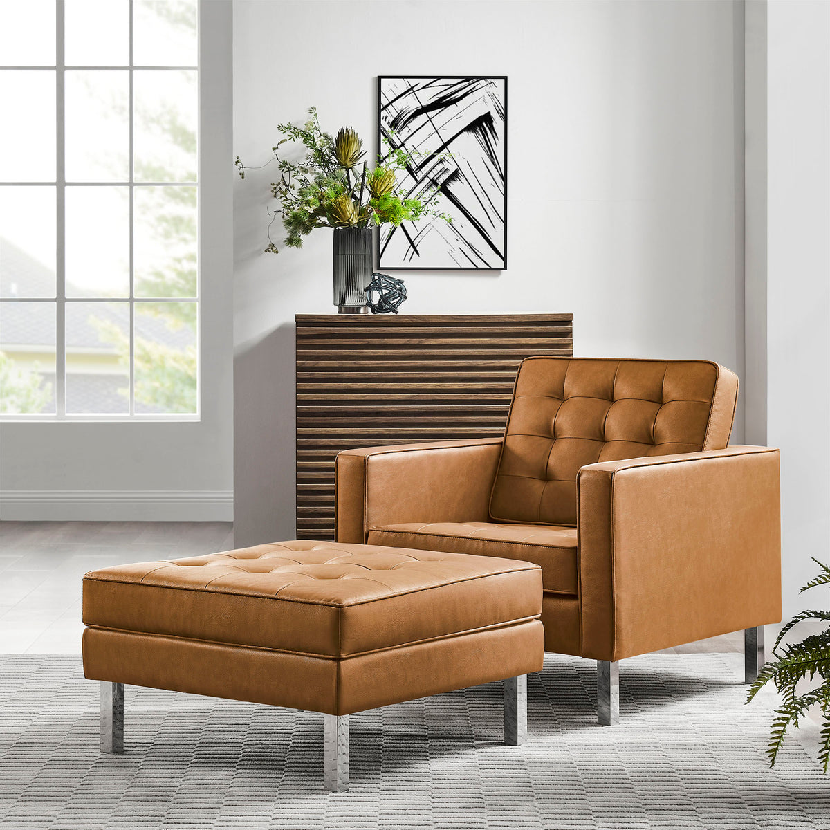 Loft Tufted Vegan Leather Armchair and Ottoman Set - Silver Tan