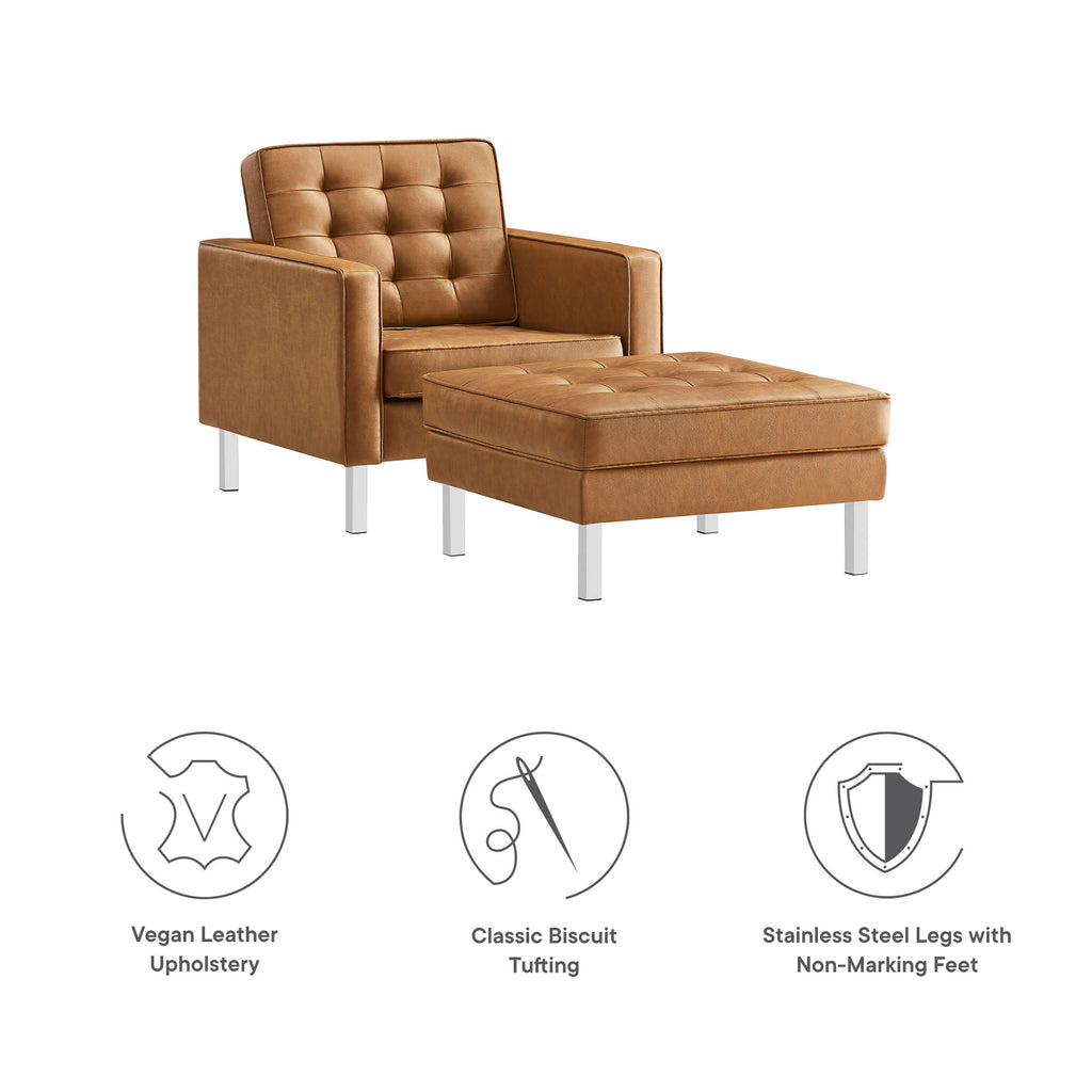 Loft Tufted Vegan Leather Armchair and Ottoman Set - Silver Tan