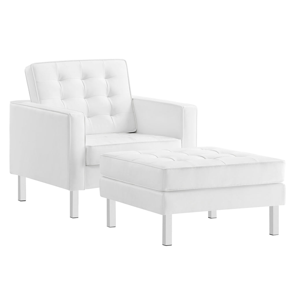Loft Tufted Vegan Leather Armchair and Ottoman Set - Silver White