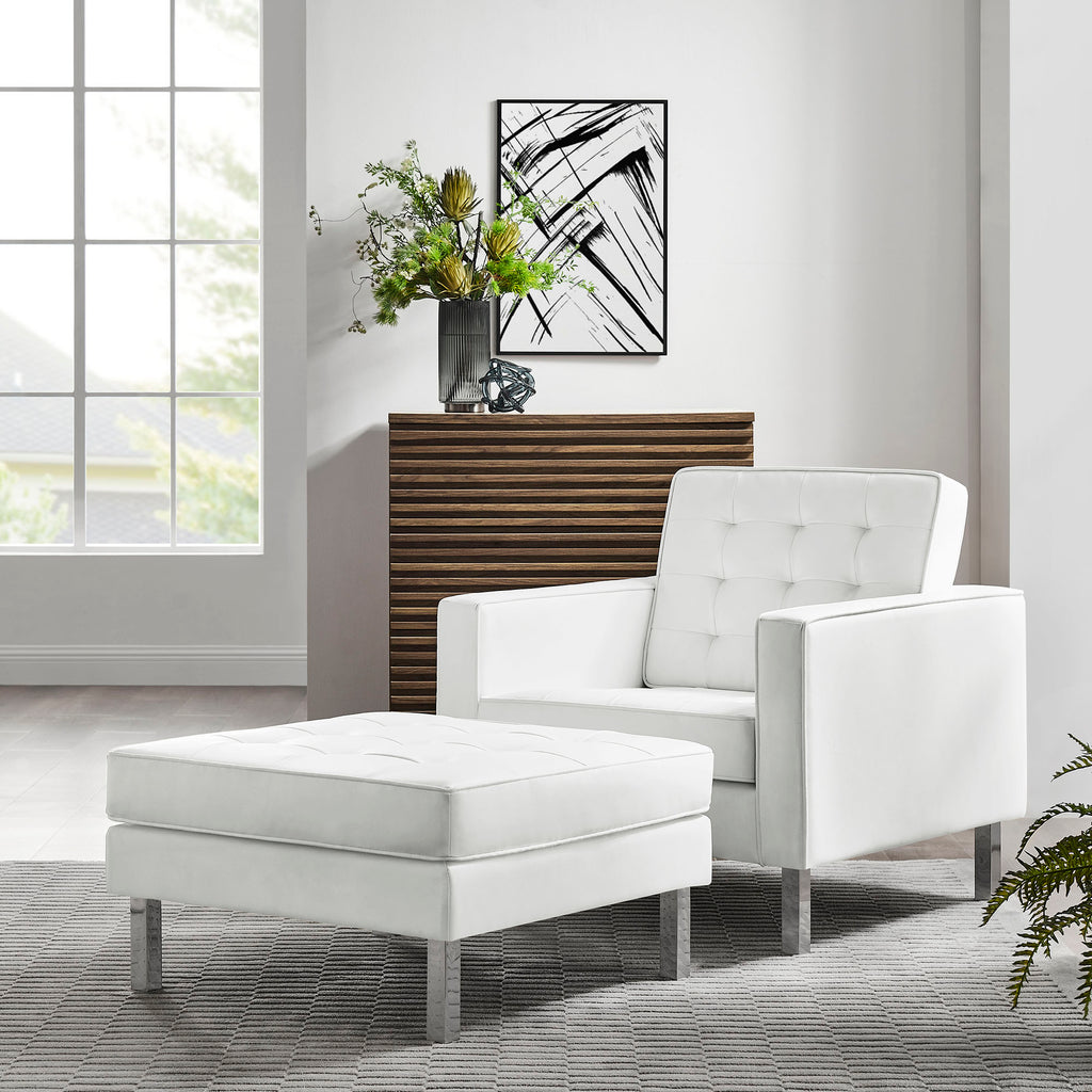 Loft Tufted Vegan Leather Armchair and Ottoman Set - Silver White
