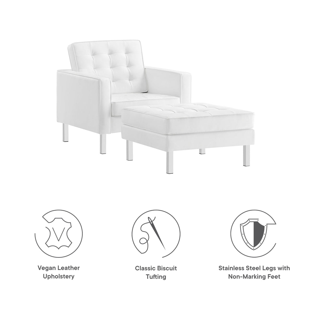 Loft Tufted Vegan Leather Armchair and Ottoman Set - Silver White