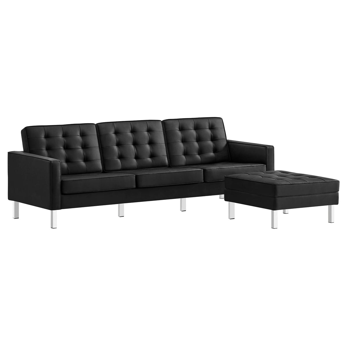 Loft Tufted Vegan Leather Sofa and Ottoman Set - Silver Black