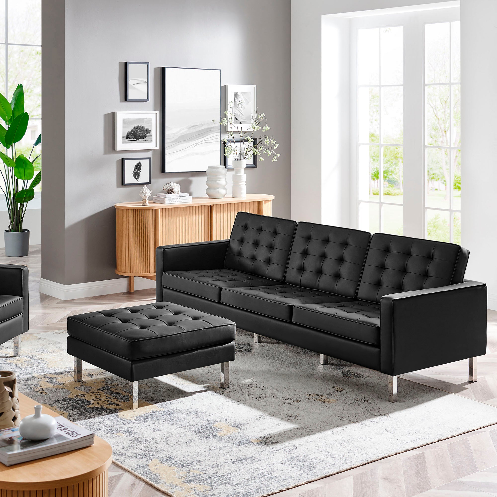Loft Tufted Vegan Leather Sofa and Ottoman Set - Silver Black