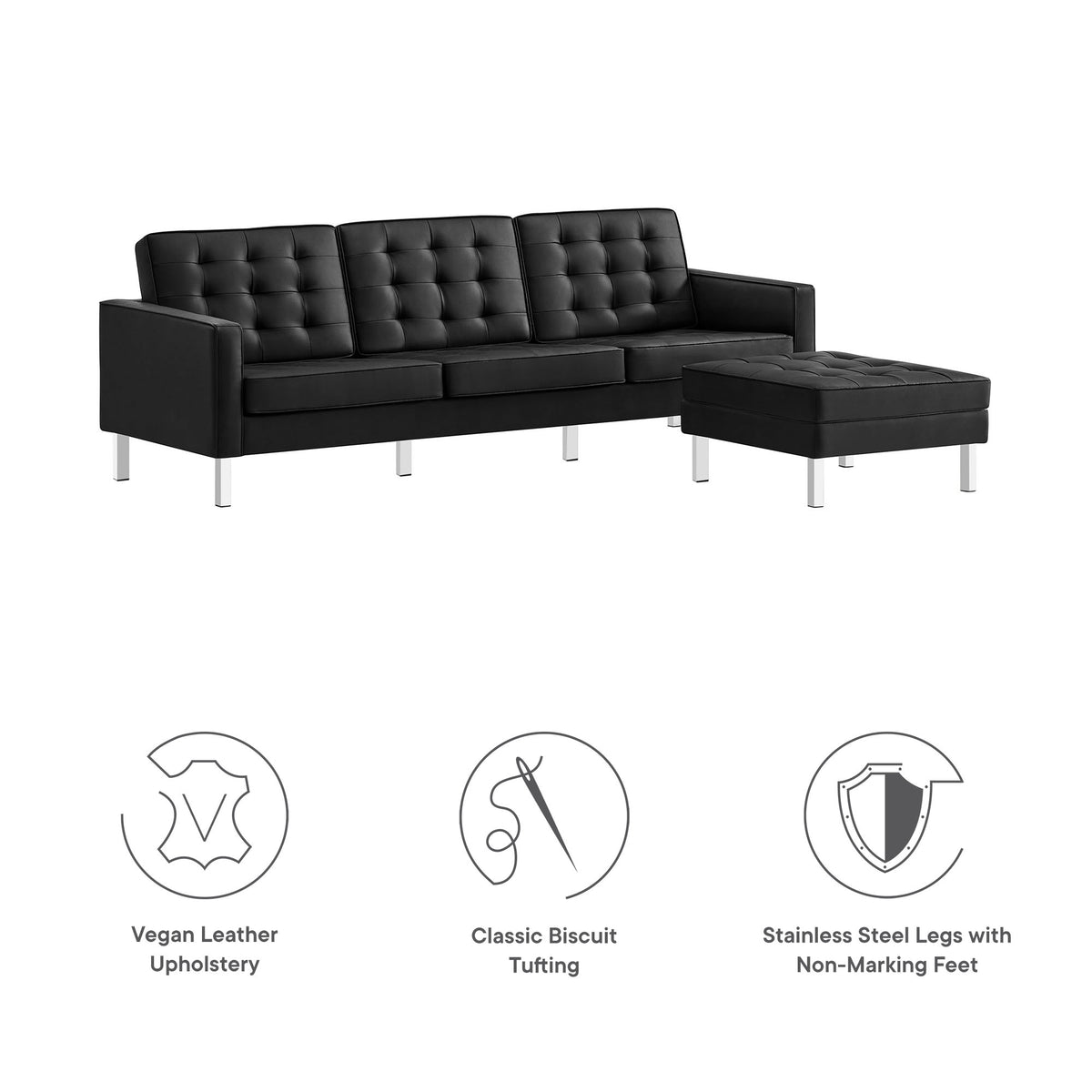 Loft Tufted Vegan Leather Sofa and Ottoman Set - Silver Black