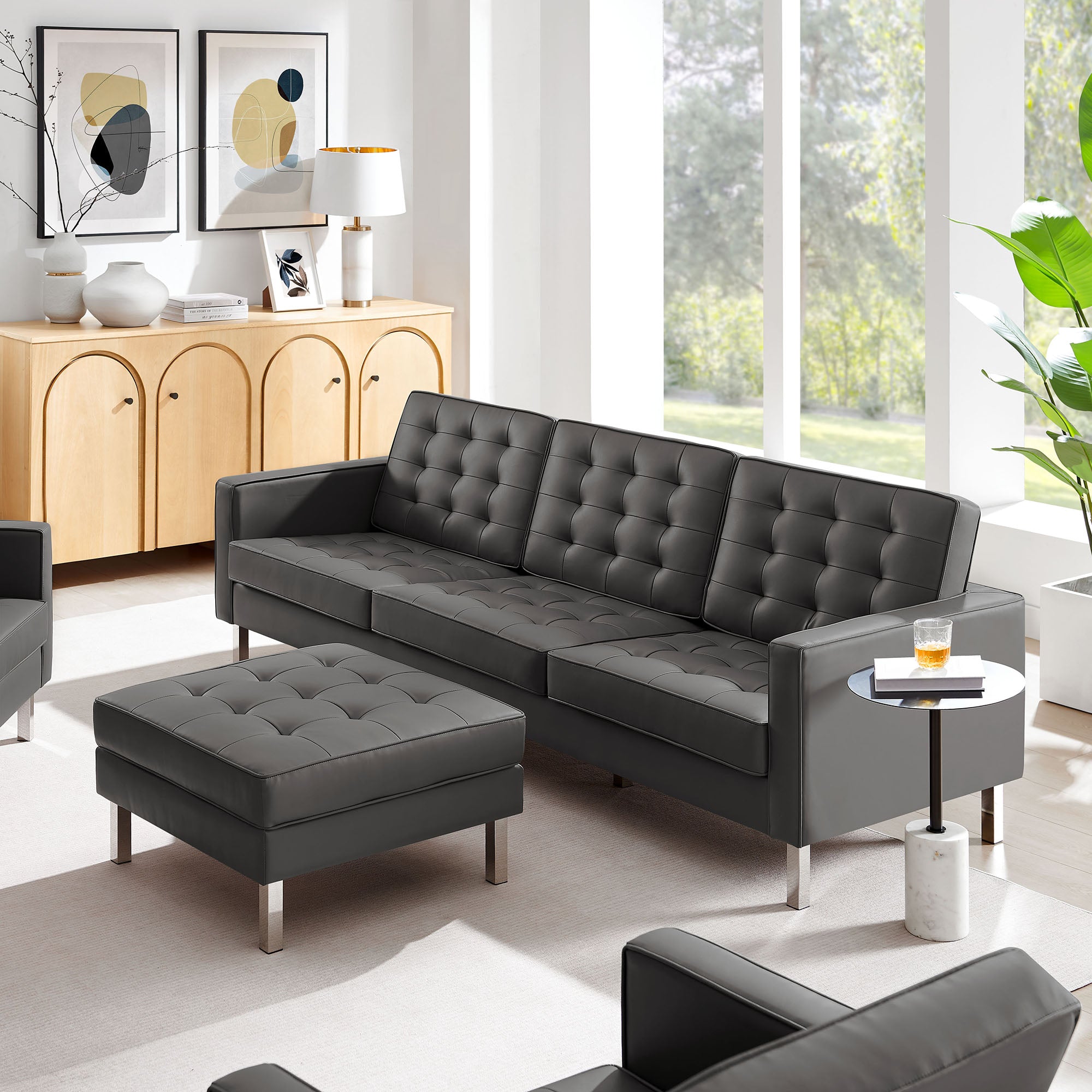 Loft Tufted Vegan Leather Sofa and Ottoman Set - Silver Gray
