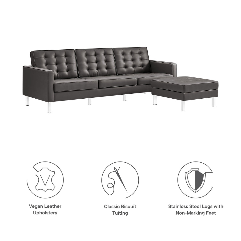 Loft Tufted Vegan Leather Sofa and Ottoman Set - Silver Gray