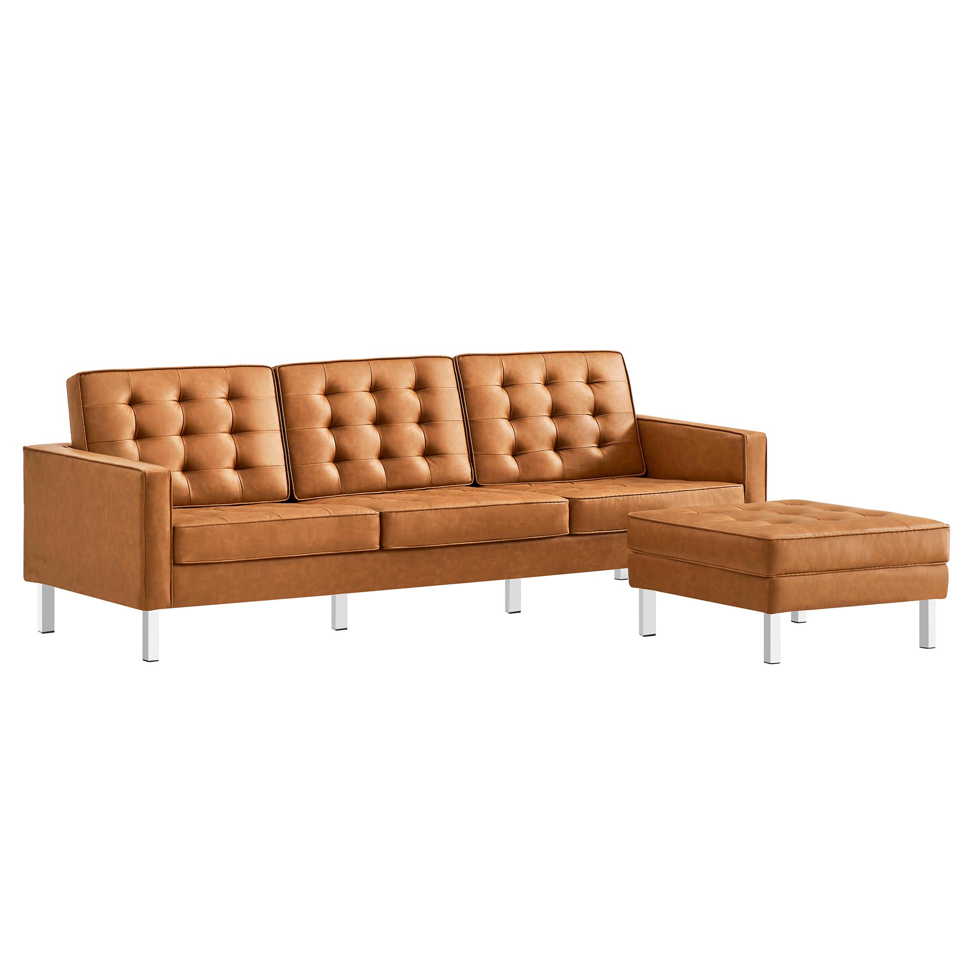 Loft Tufted Vegan Leather Sofa and Ottoman Set - Silver Tan