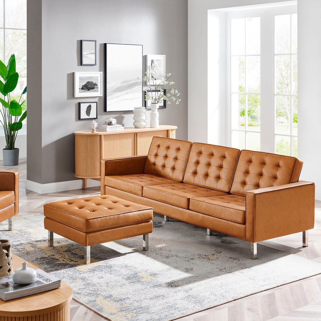 Loft Tufted Vegan Leather Sofa and Ottoman Set - Silver Tan