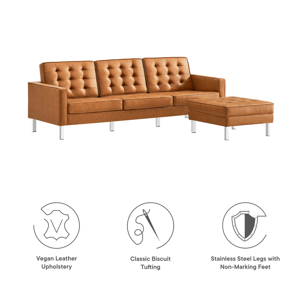 Loft Tufted Vegan Leather Sofa and Ottoman Set - Silver Tan