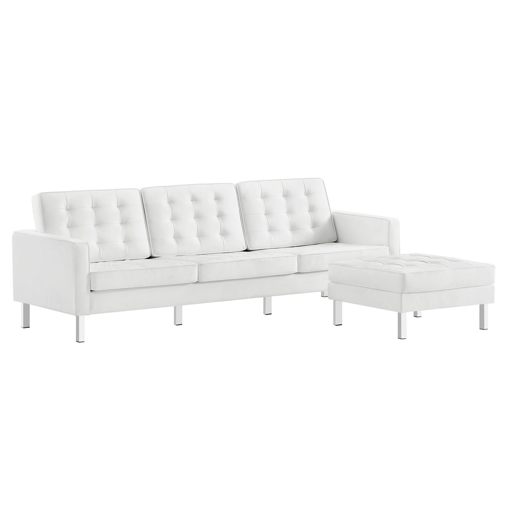 Loft Tufted Vegan Leather Sofa and Ottoman Set - Silver White