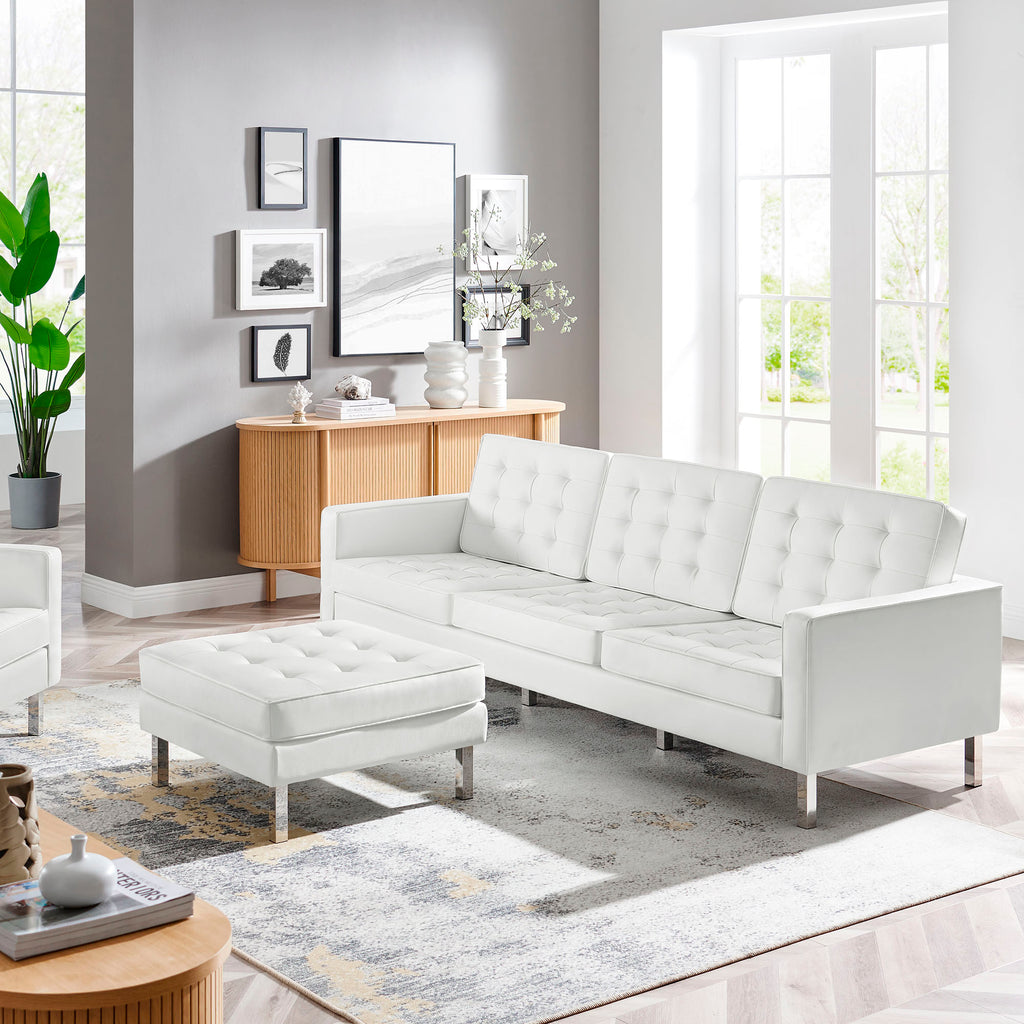 Loft Tufted Vegan Leather Sofa and Ottoman Set - Silver White