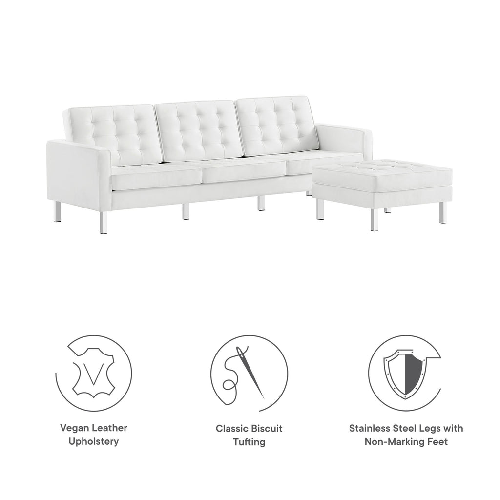 Loft Tufted Vegan Leather Sofa and Ottoman Set - Silver White
