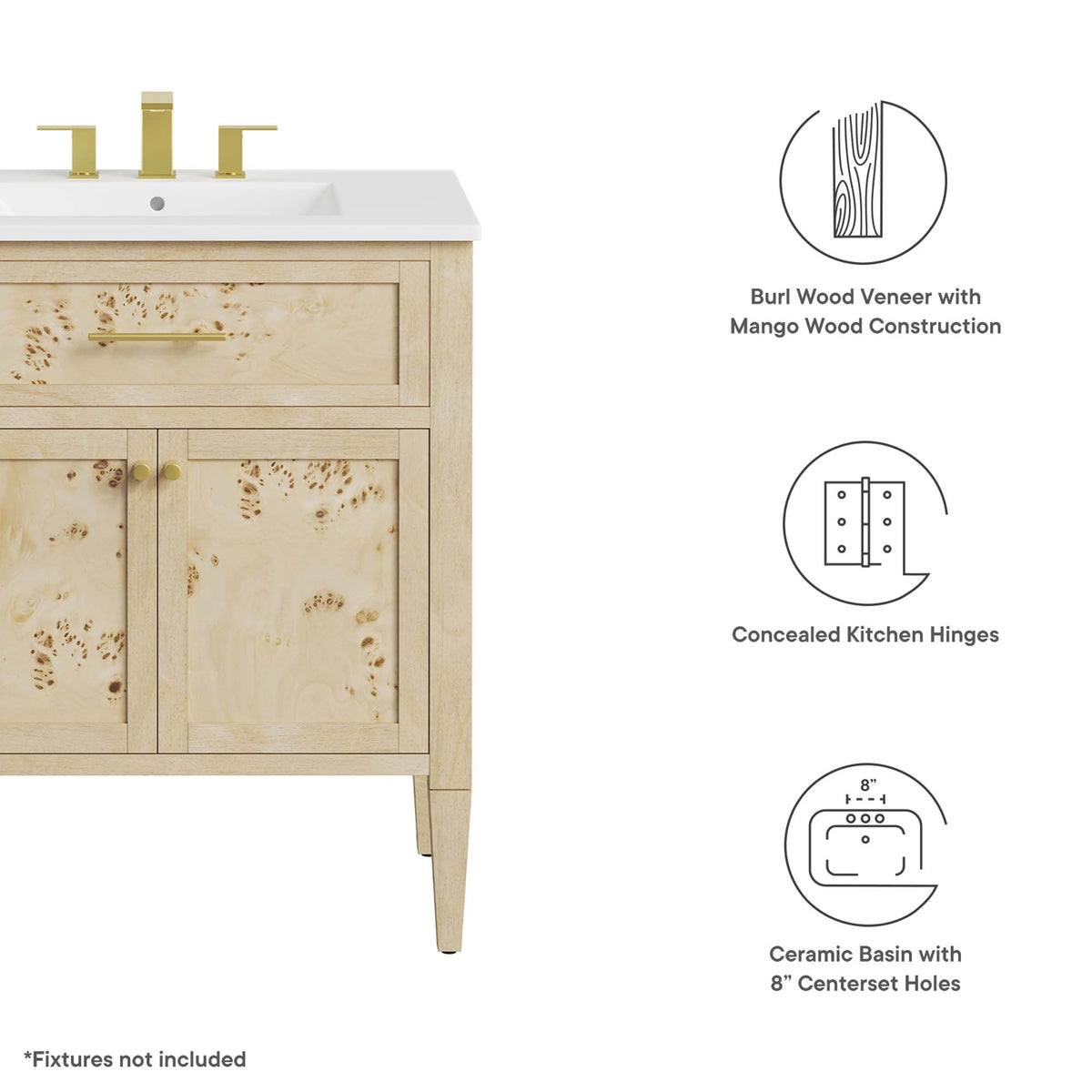 Elysian 30" Wood Bathroom Vanity - White Burl