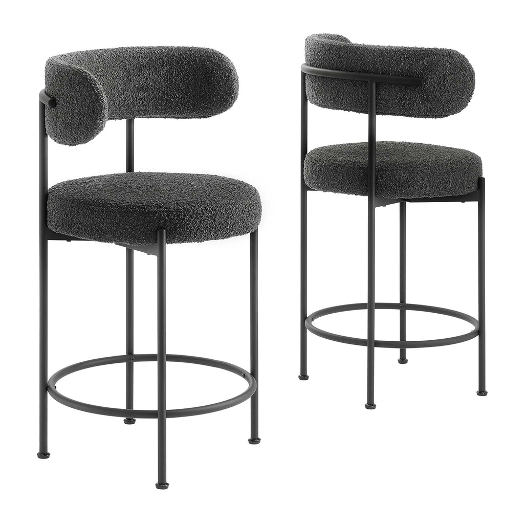 Albie Boucle Fabric Counter Stools Set of 2 - Charcoal Black
