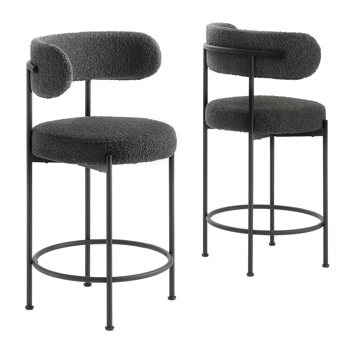 Albie Boucle Fabric Counter Stools Set of 2 - Charcoal Black