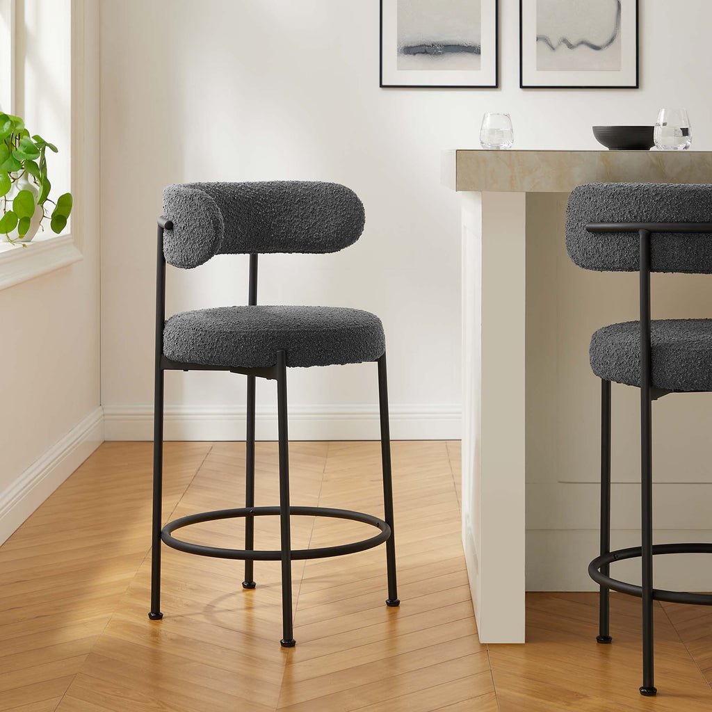 Albie Boucle Fabric Counter Stools Set of 2 - Charcoal Black