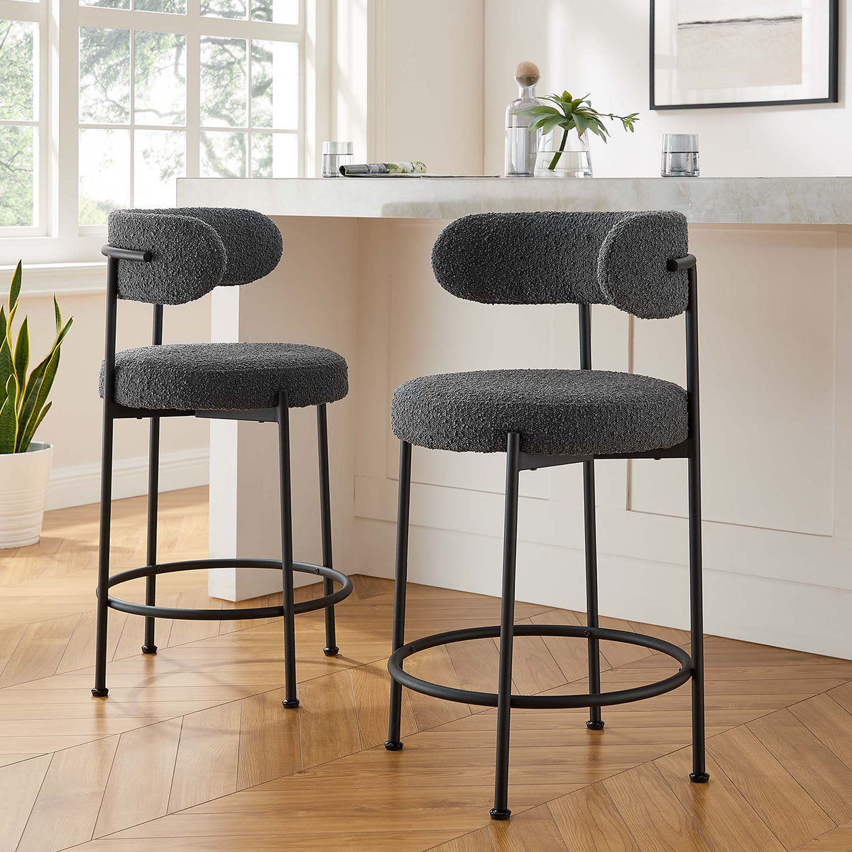 Albie Boucle Fabric Counter Stools Set of 2 - Charcoal Black