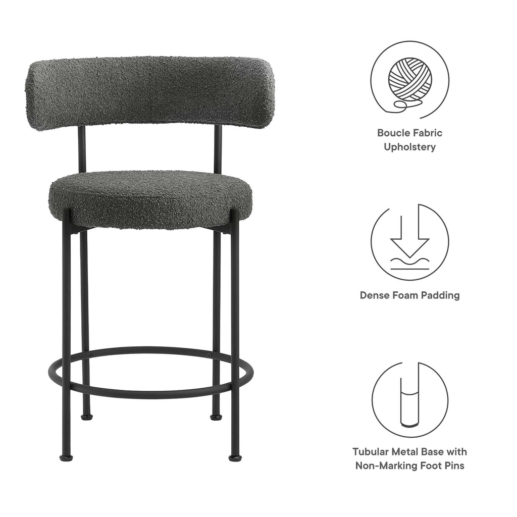 Albie Boucle Fabric Counter Stools Set of 2 - Charcoal Black