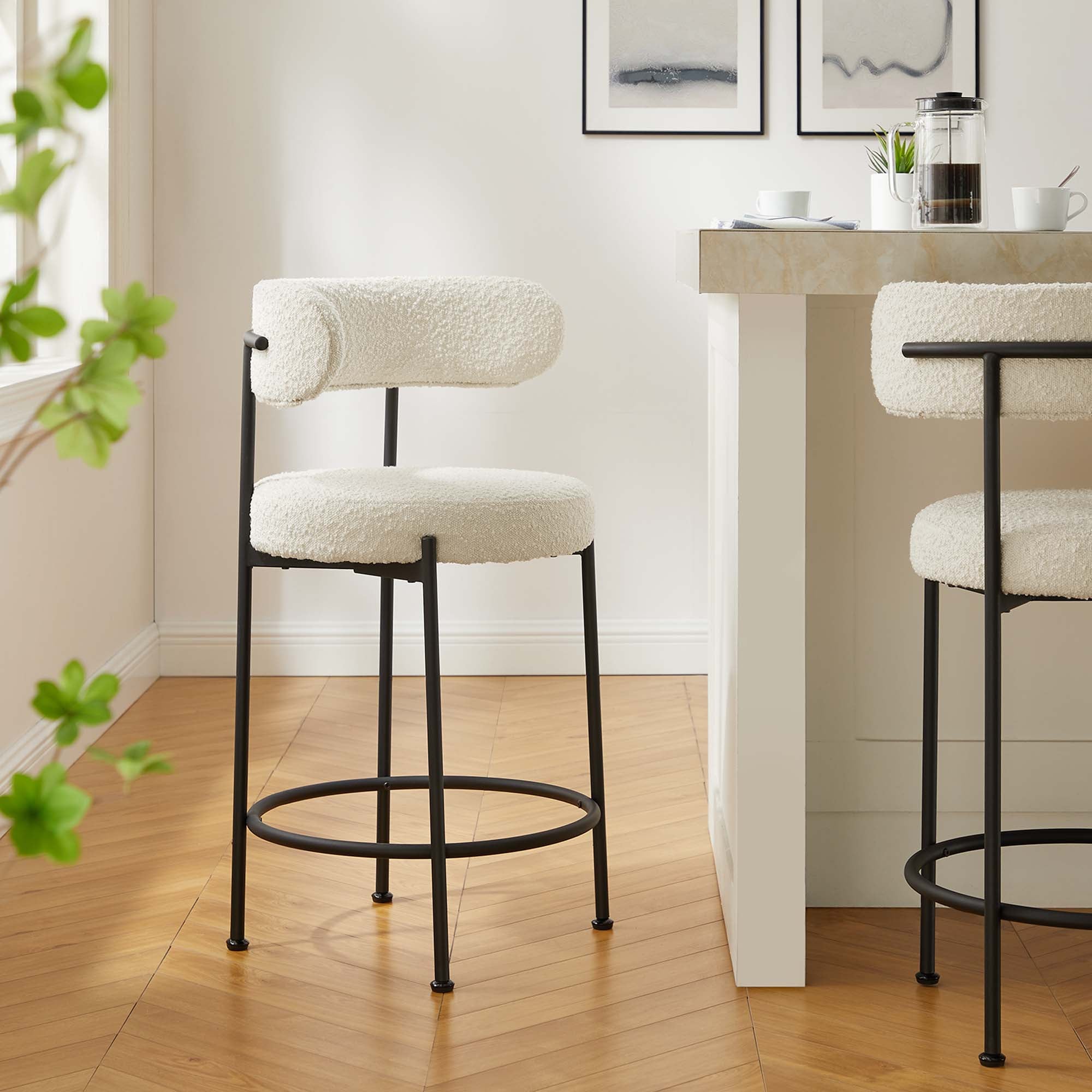 Albie Boucle Fabric Counter Stools Set of 2 - Ivory Black