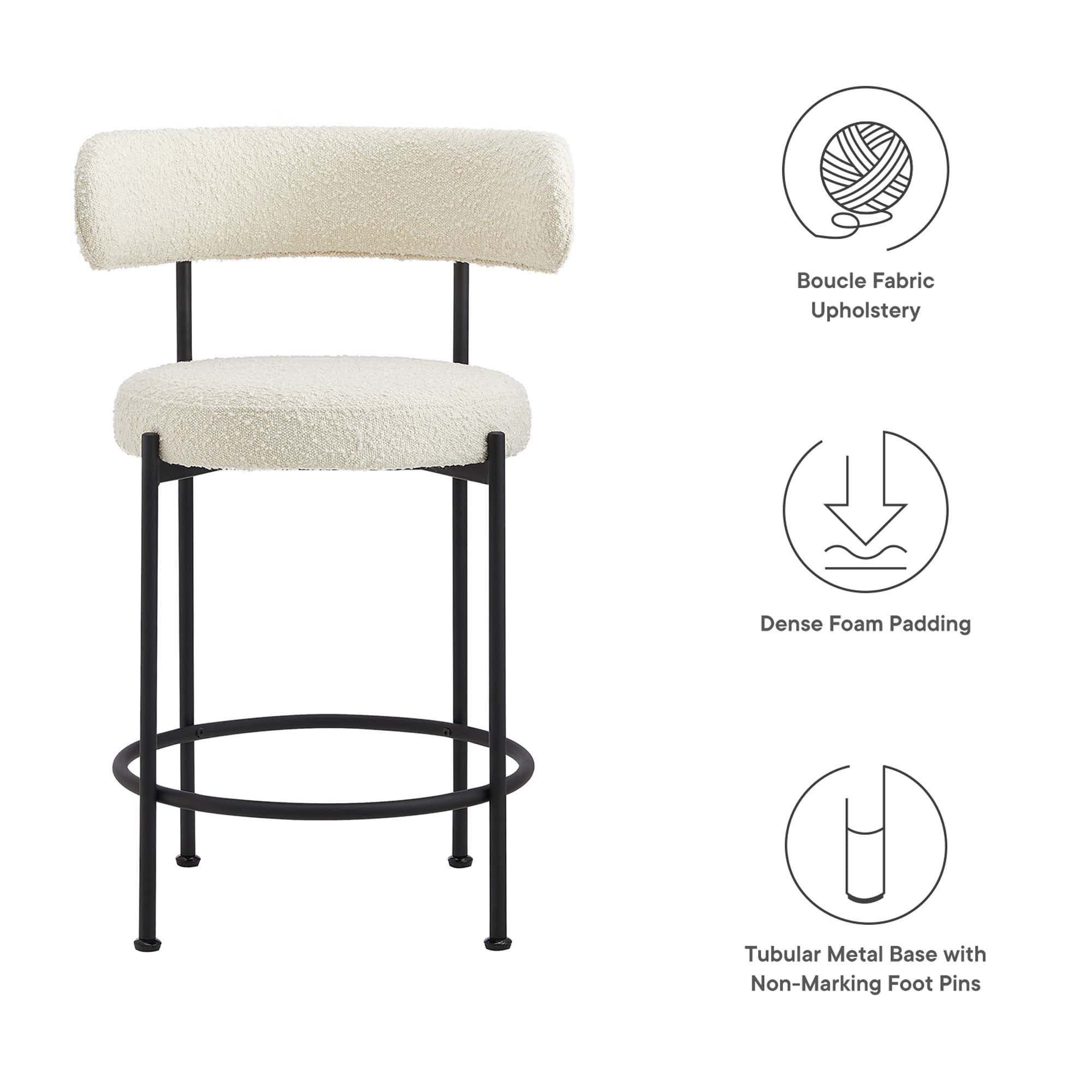 Albie Boucle Fabric Counter Stools Set of 2 - Ivory Black