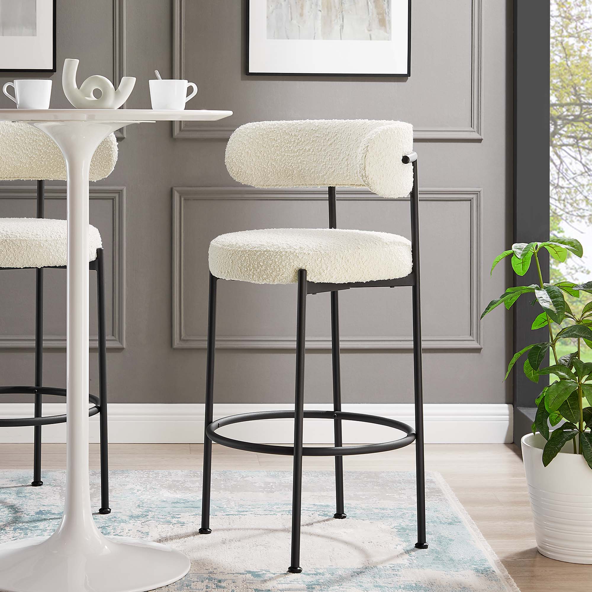 Albie Boucle Fabric Bar Stools Set of 2 - Ivory Black