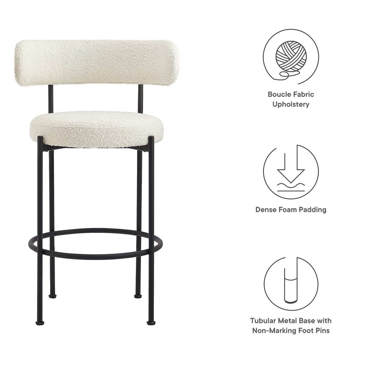 Albie Boucle Fabric Bar Stools Set of 2 - Ivory Black
