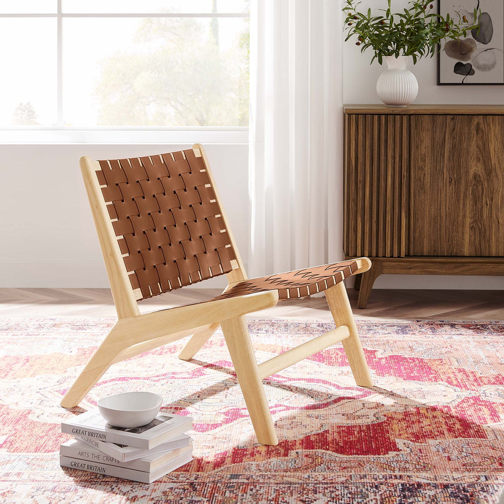 Saoirse Leather Wood Accent Lounge Chair - Natural Brown