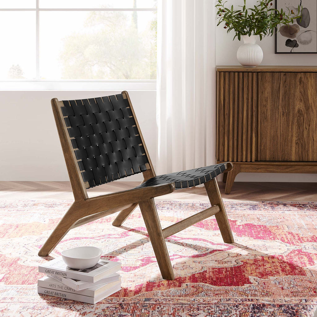 Saoirse Leather Wood Accent Lounge Chair - Walnut Black