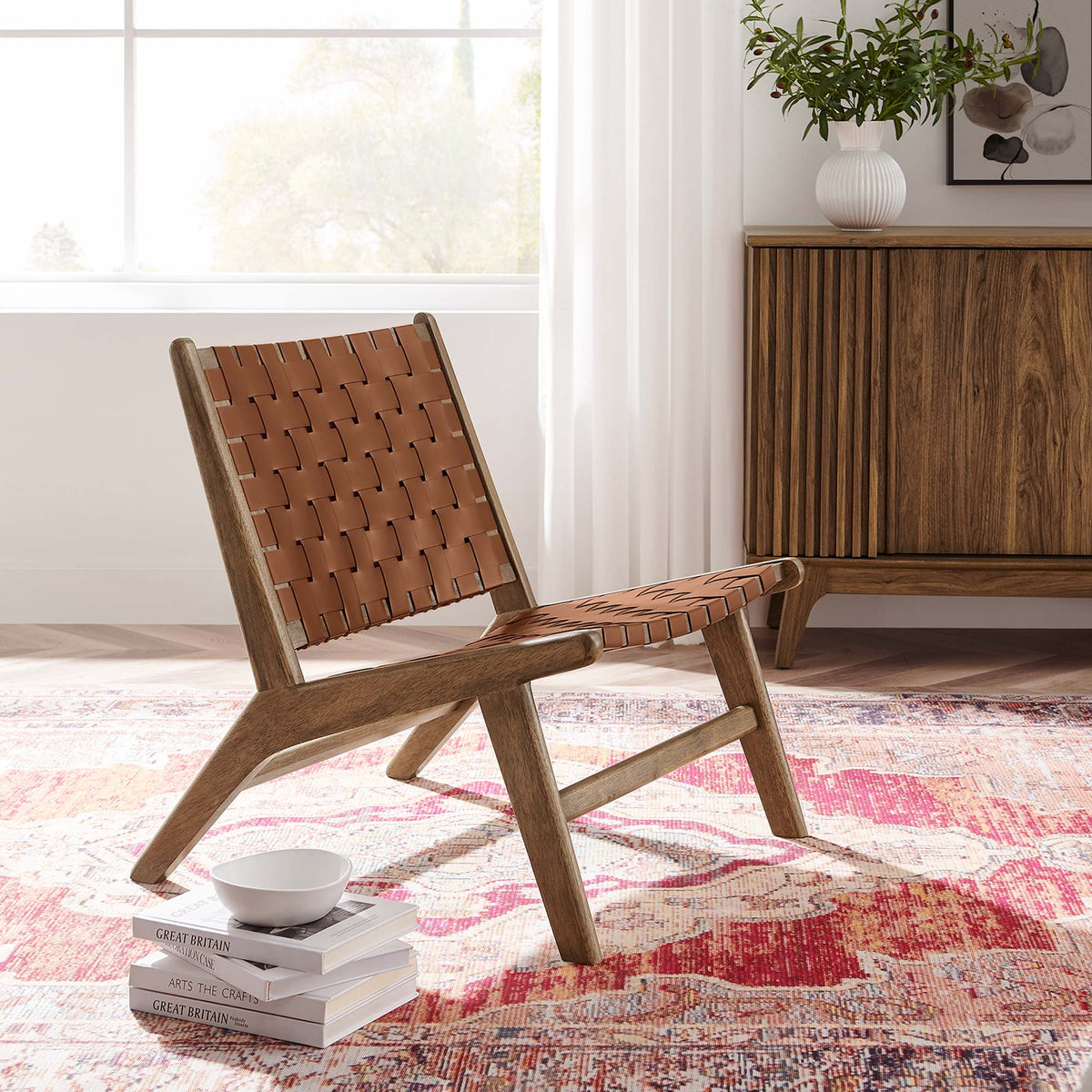 Saoirse Leather Wood Accent Lounge Chair - Walnut Brown