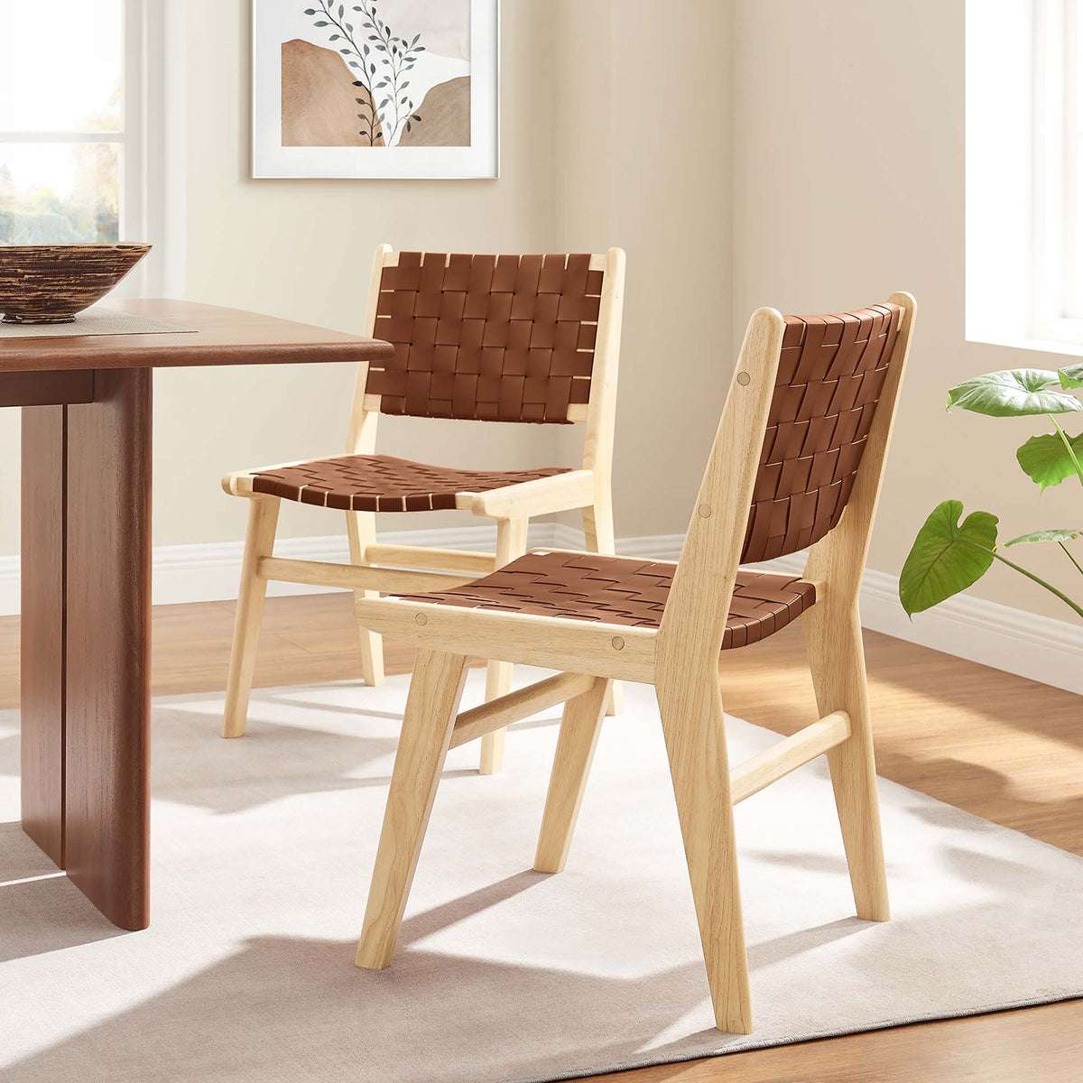 Saoirse Leather Wood Dining Side Chair Set of 2 - Natural Brown