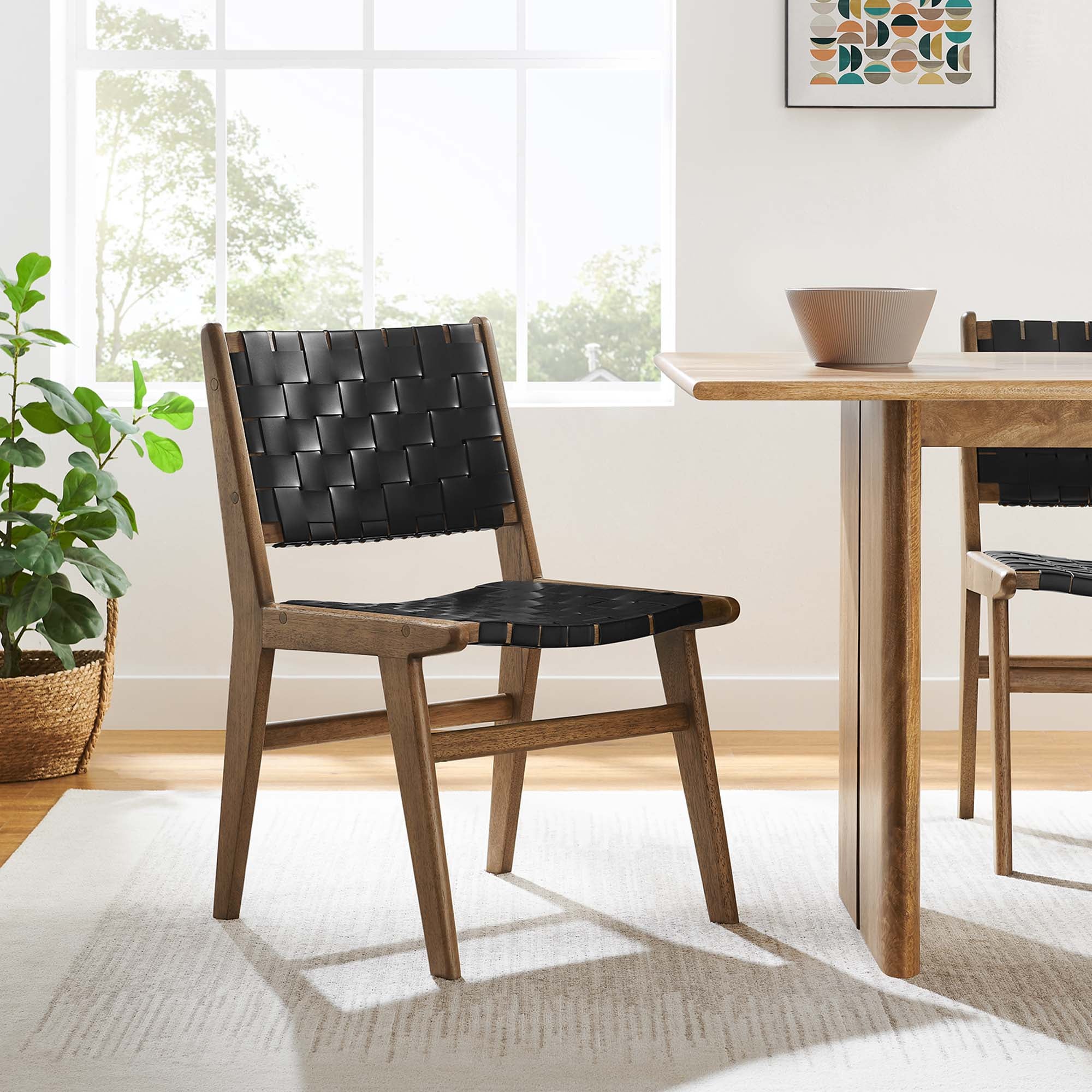Saoirse Leather Wood Dining Side Chair Set of 2 - Walnut Black