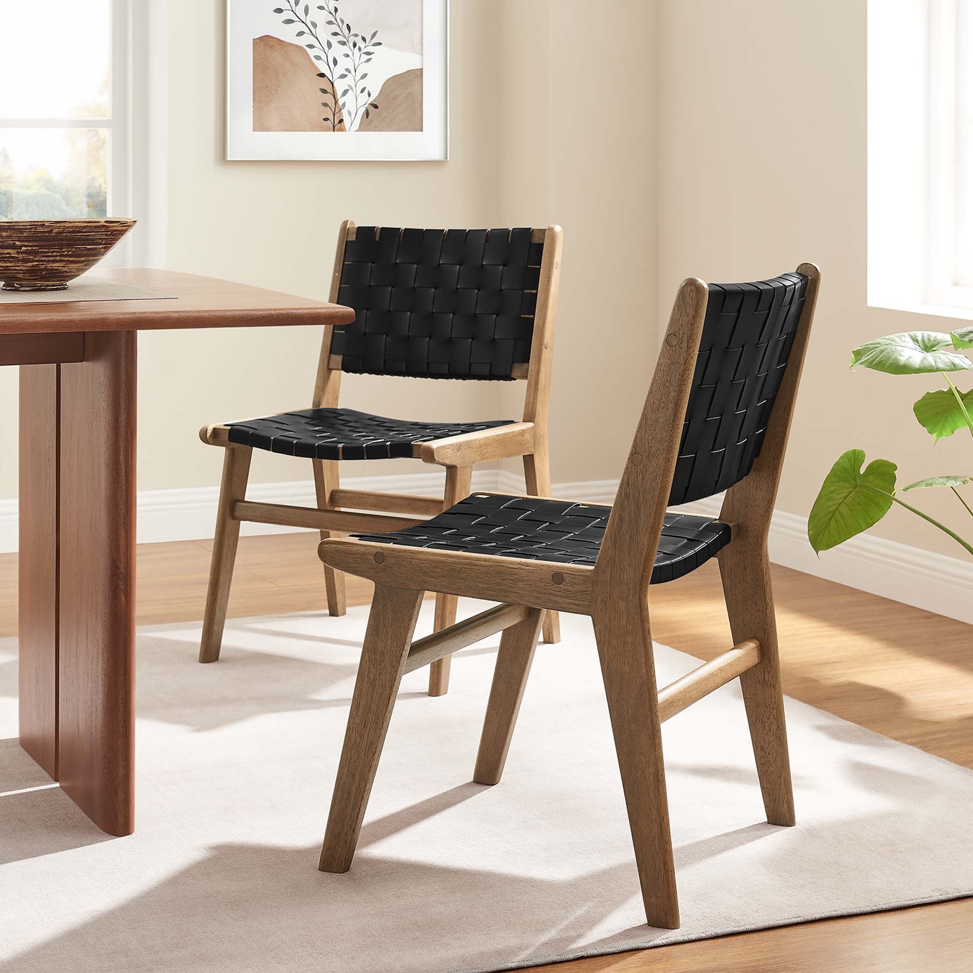 Saoirse Leather Wood Dining Side Chair Set of 2 - Walnut Black