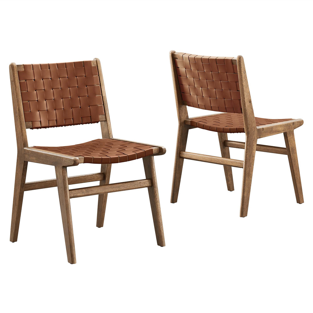 Saoirse Leather Wood Dining Side Chair Set of 2 - Walnut Brown