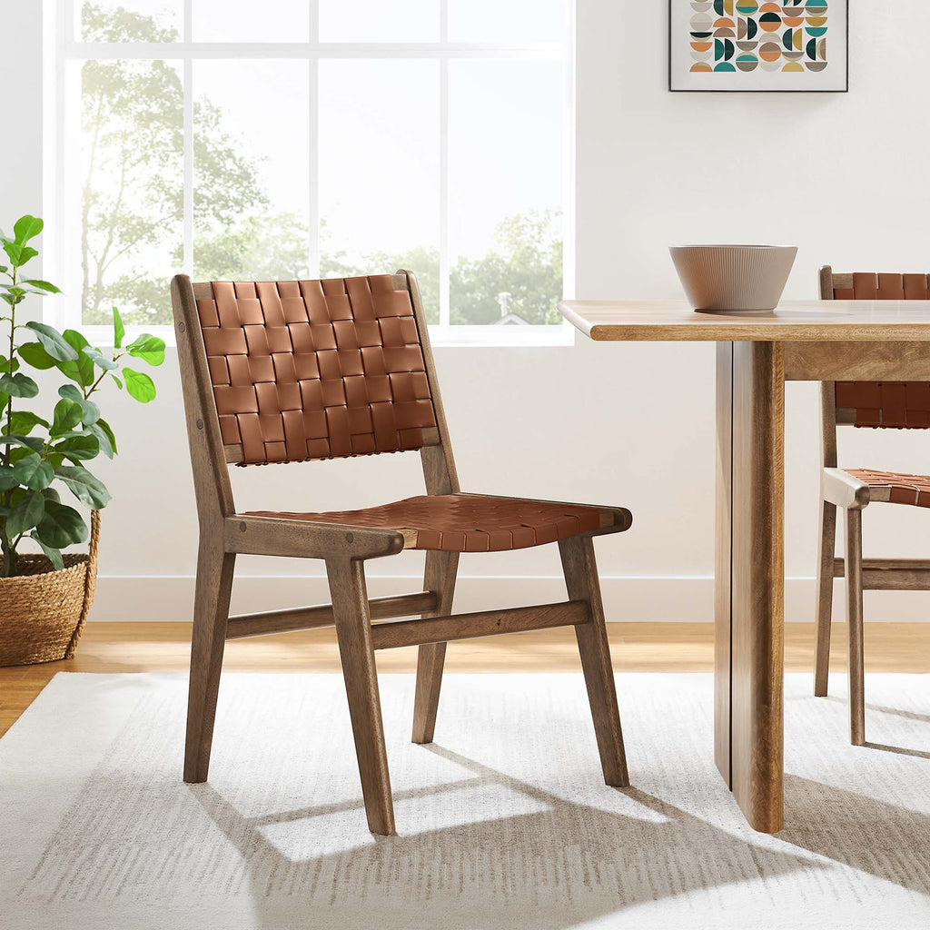 Saoirse Leather Wood Dining Side Chair Set of 2 - Walnut Brown