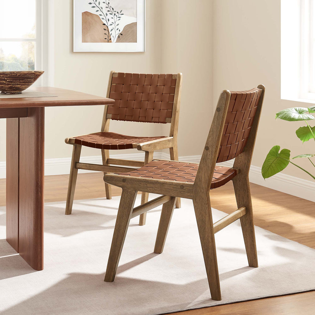 Saoirse Leather Wood Dining Side Chair Set of 2 - Walnut Brown