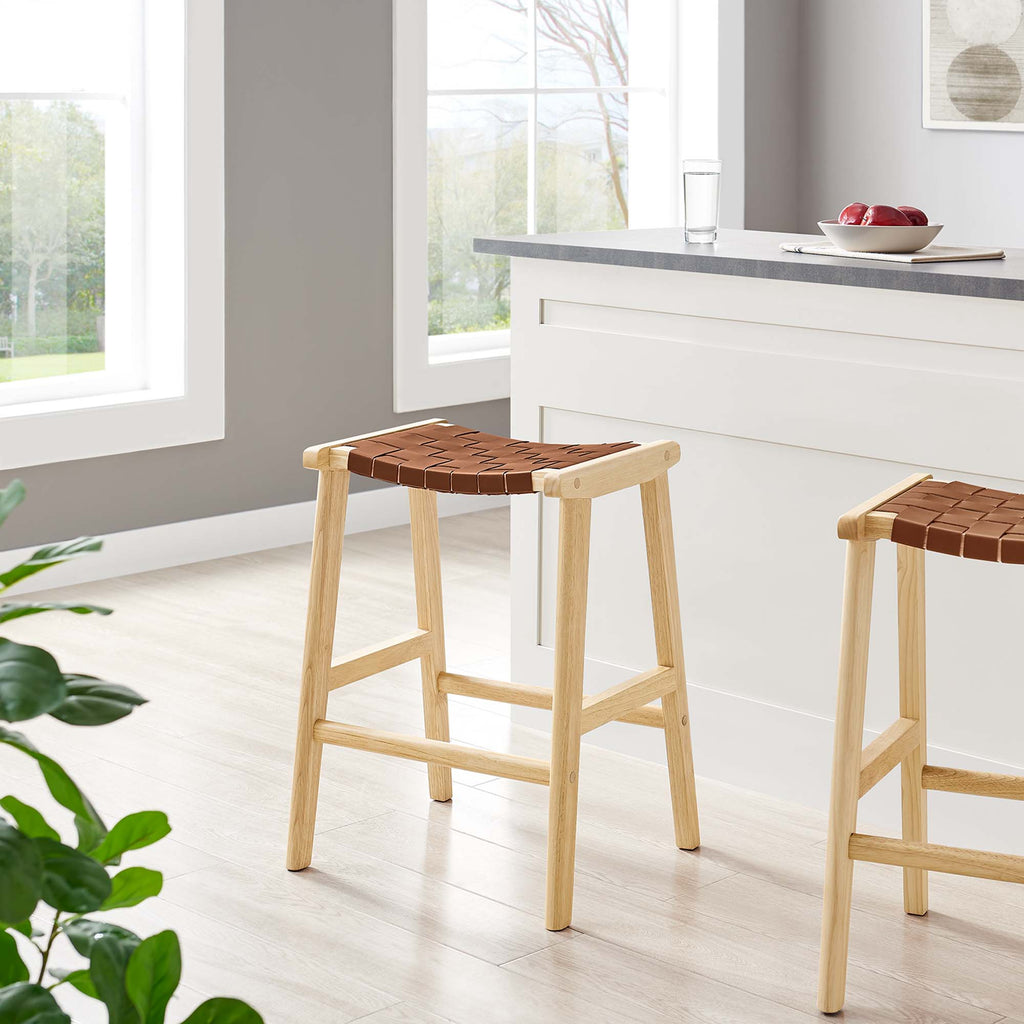 Saoirse Faux Leather Wood Counter Stool Set of 2 - Natural Brown