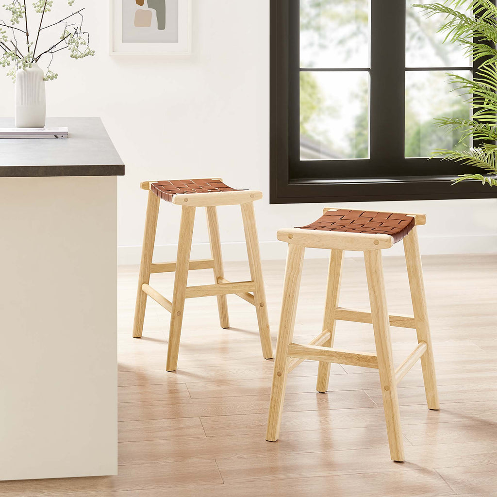 Saoirse Faux Leather Wood Counter Stool Set of 2 - Natural Brown