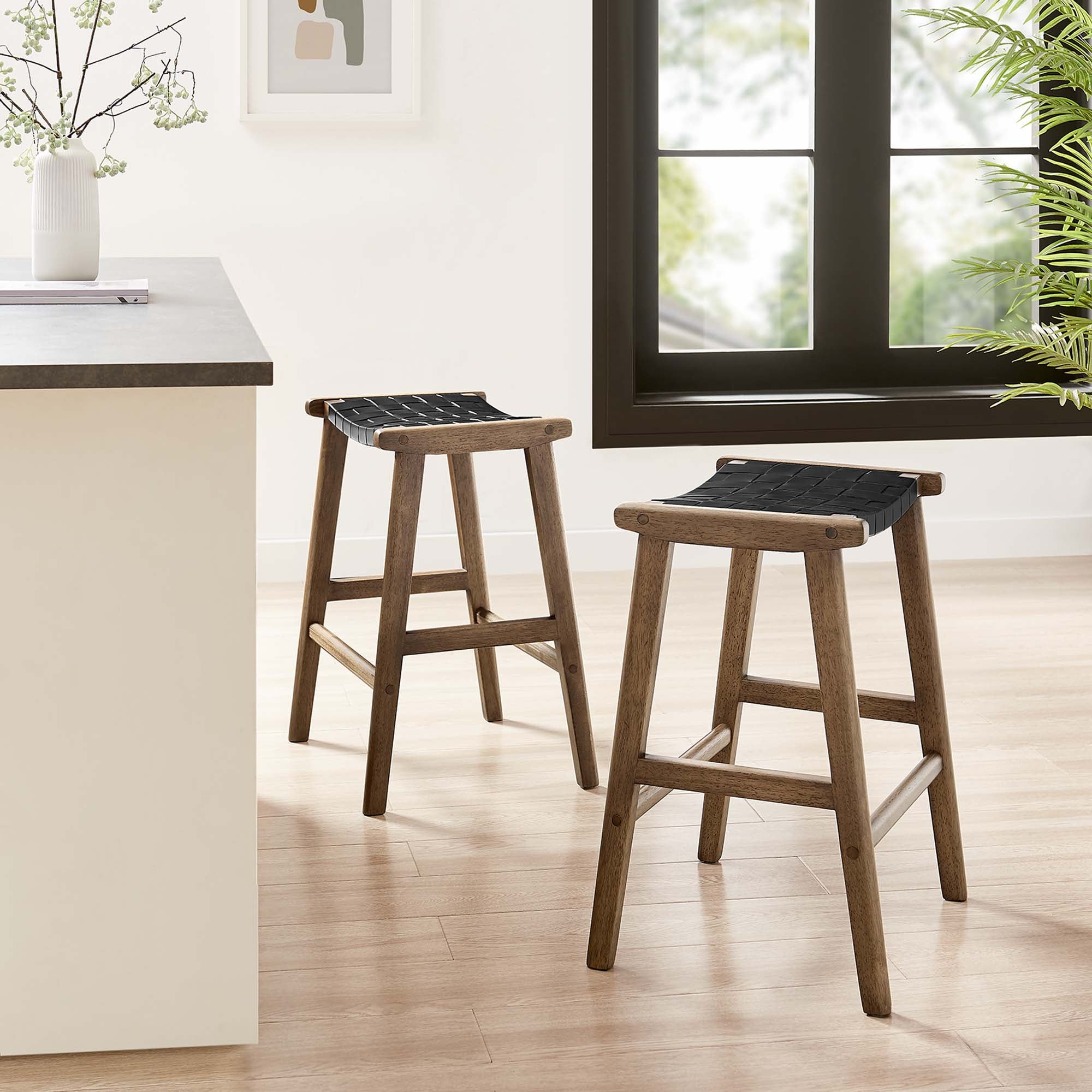 Saoirse Faux Leather Wood Counter Stool Set of 2 - Walnut Black