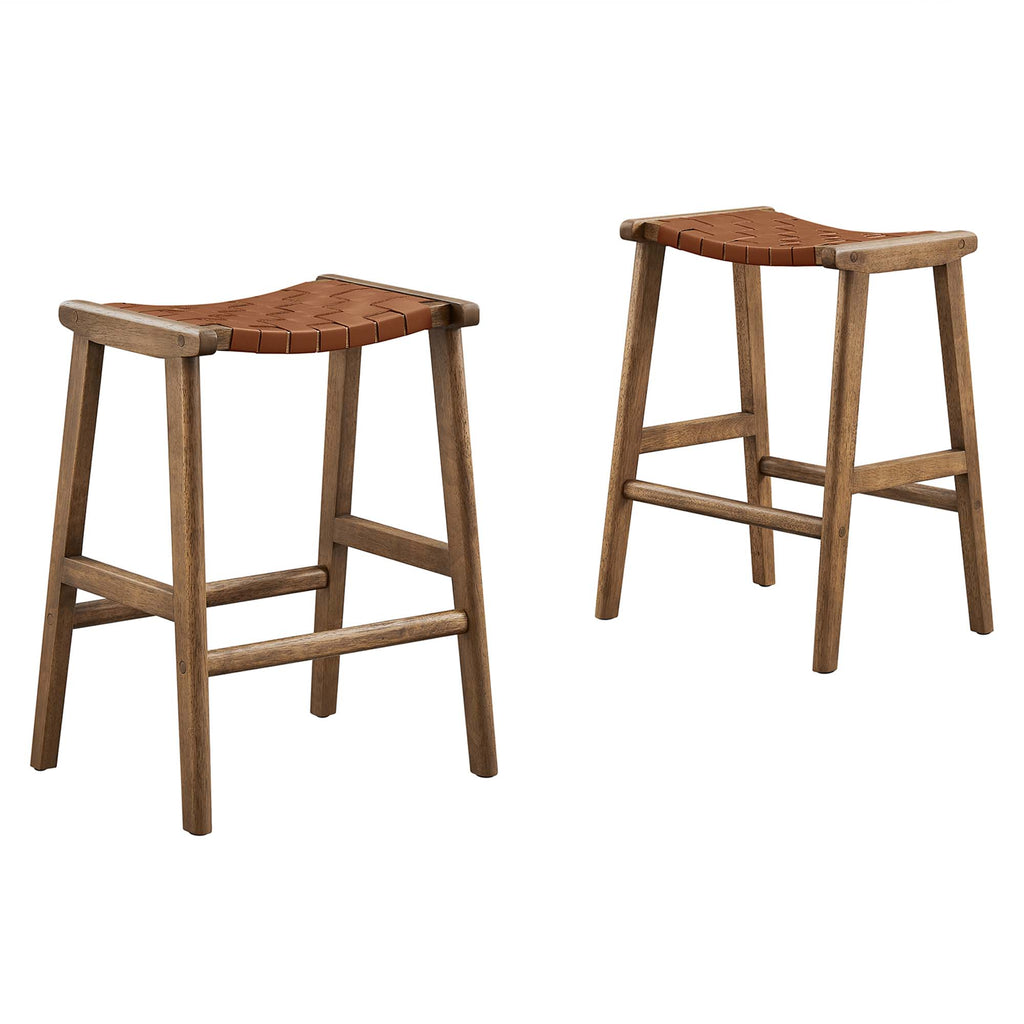 Saoirse Faux Leather Wood Counter Stool Set of 2 - Walnut Brown