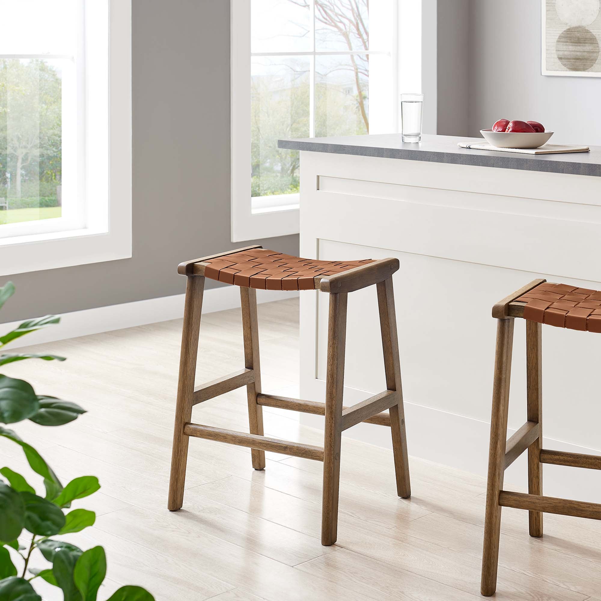 Saoirse Faux Leather Wood Counter Stool Set of 2 - Walnut Brown