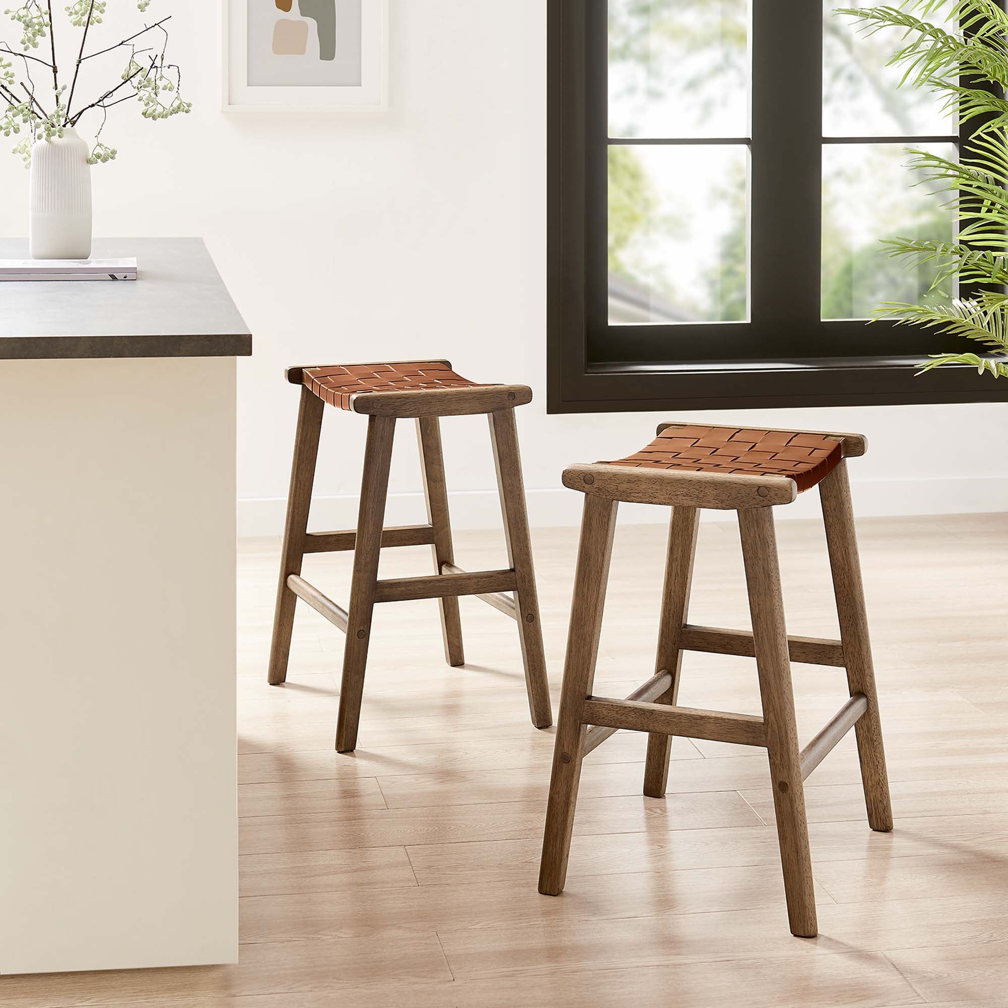 Saoirse Faux Leather Wood Counter Stool Set of 2 - Walnut Brown