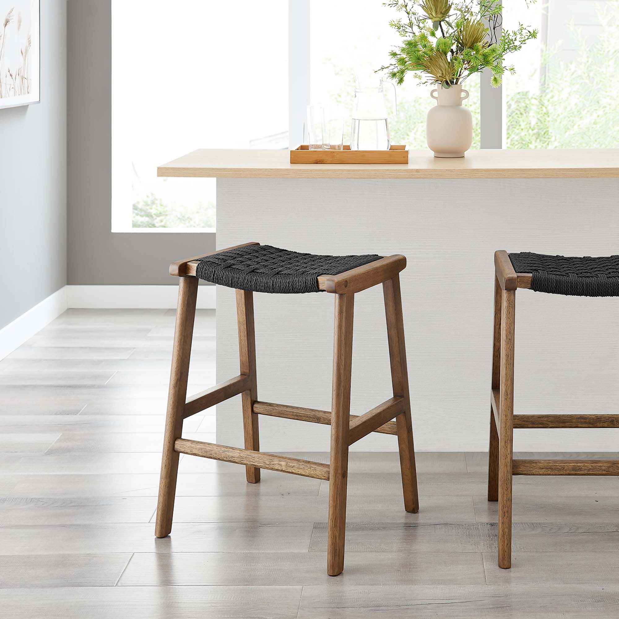 Saoirse Woven Rope Wood Counter Stool Set of 2 - Walnut Black