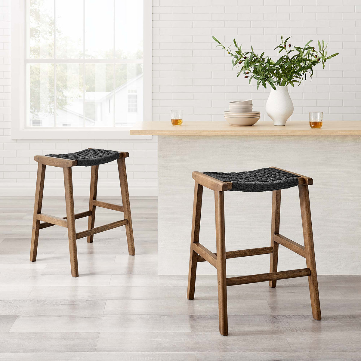 Saoirse Woven Rope Wood Counter Stool Set of 2 - Walnut Black