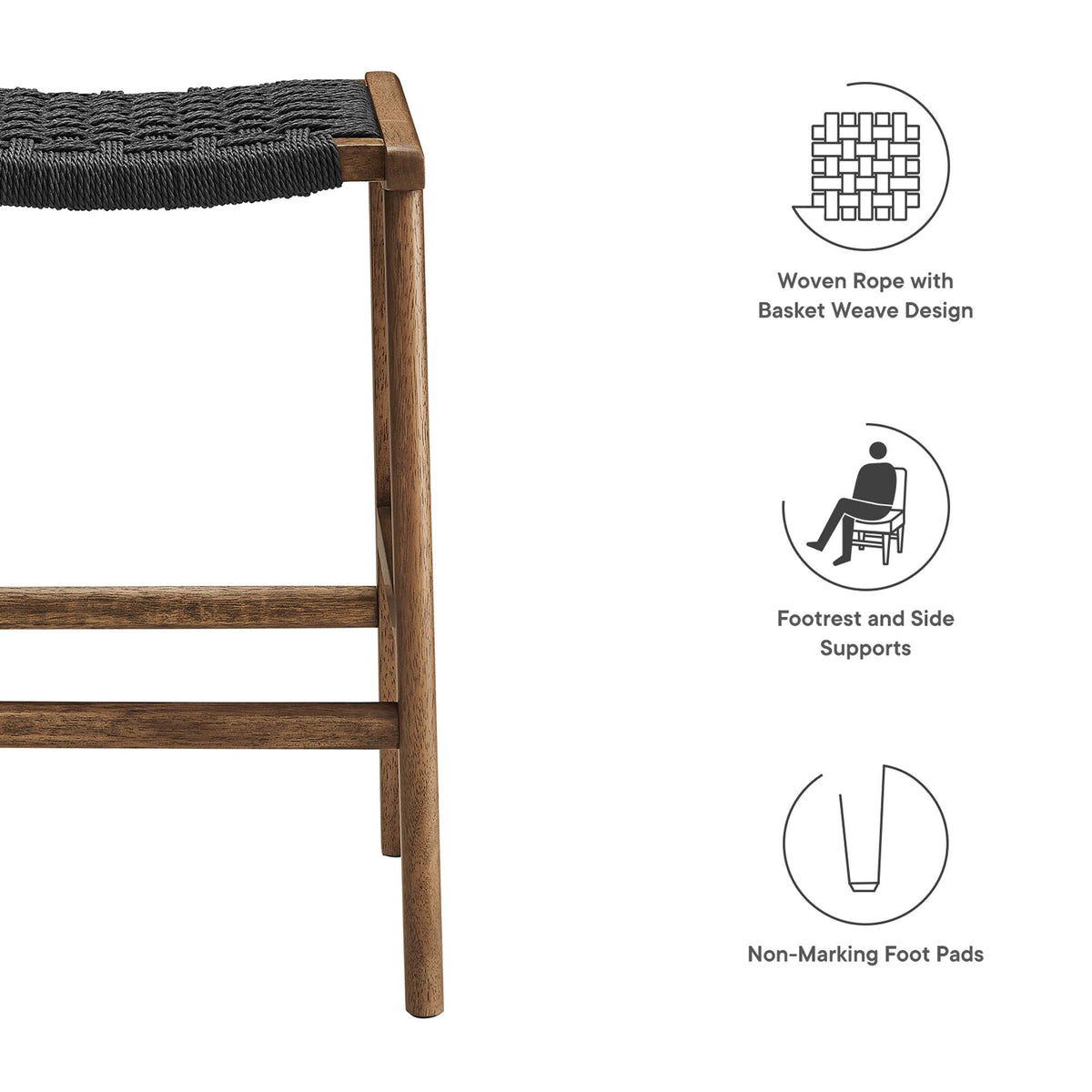 Saoirse Woven Rope Wood Counter Stool Set of 2 - Walnut Black