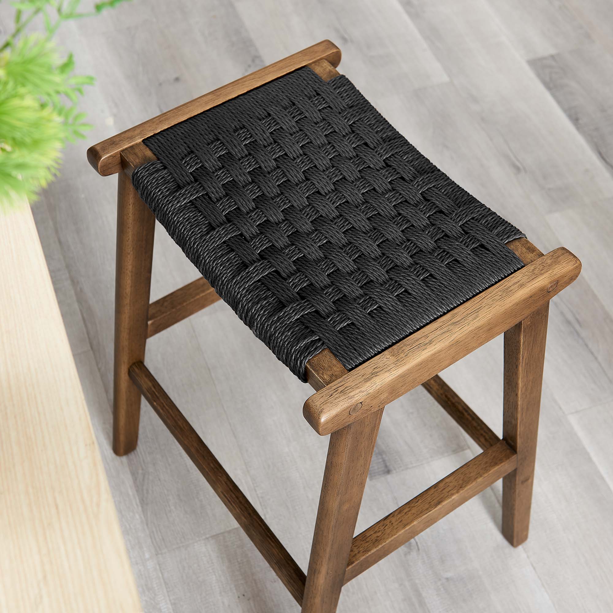 Saoirse Woven Rope Wood Counter Stool Set of 2 - Walnut Black