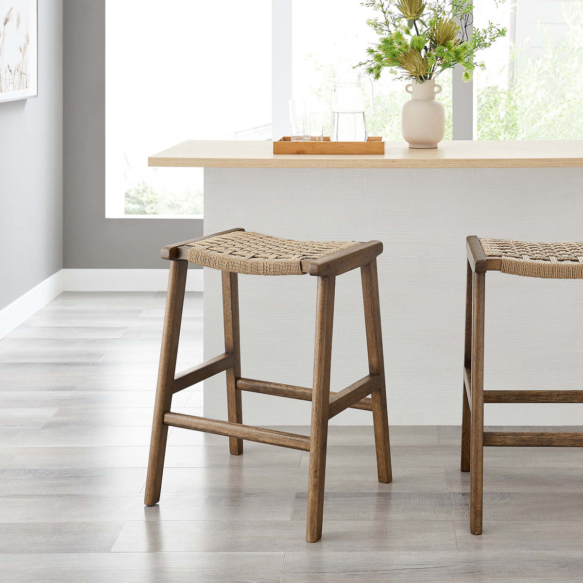 Saoirse Woven Rope Wood Counter Stool Set of 2 - Walnut Natural