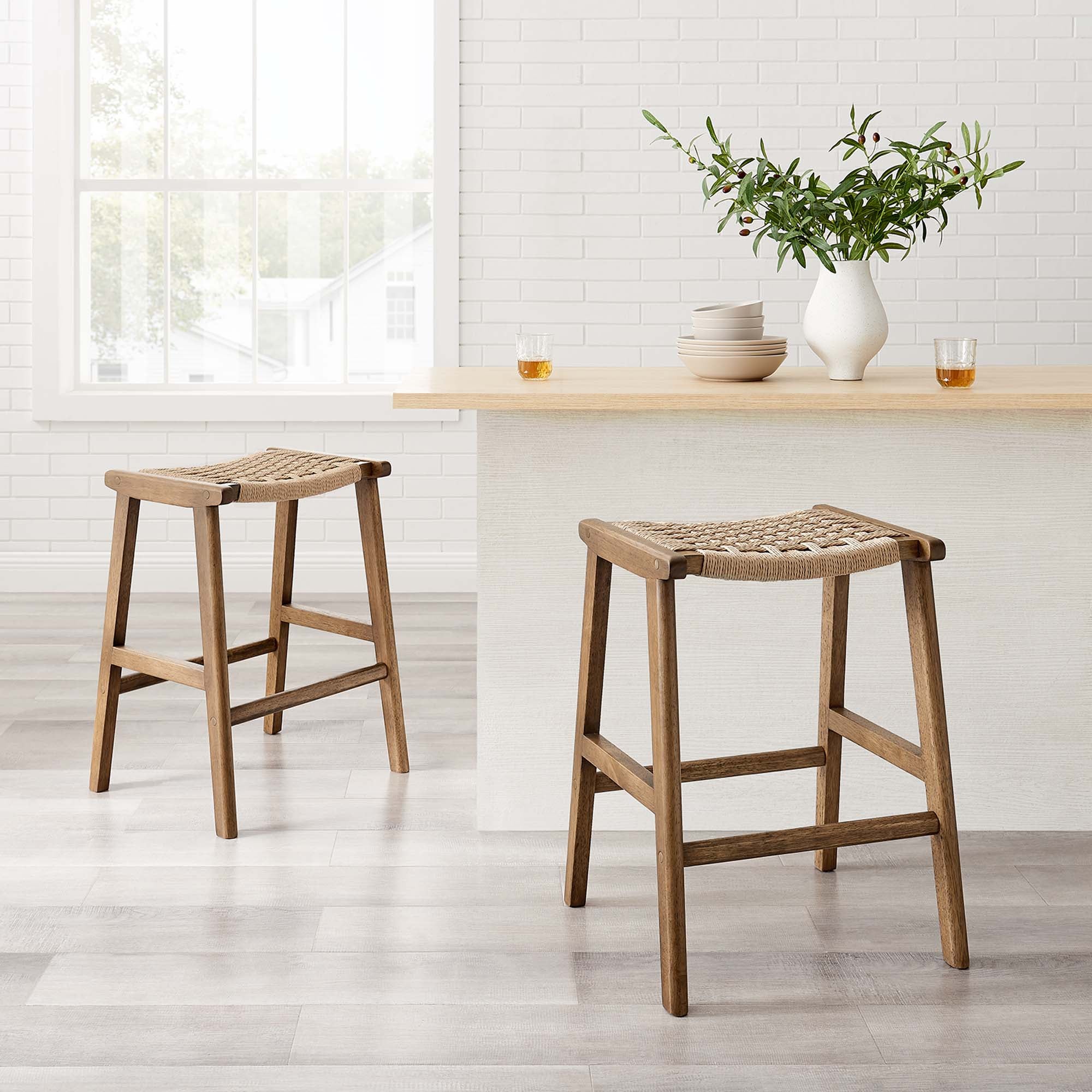 Saoirse Woven Rope Wood Counter Stool Set of 2 - Walnut Natural